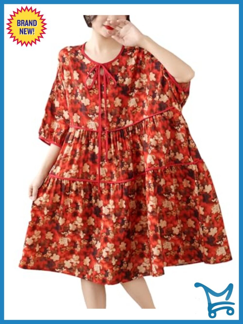 Floral Tie Neck Babydoll Dress Loose Short Sleeve Tiered A Line Side Pockets
